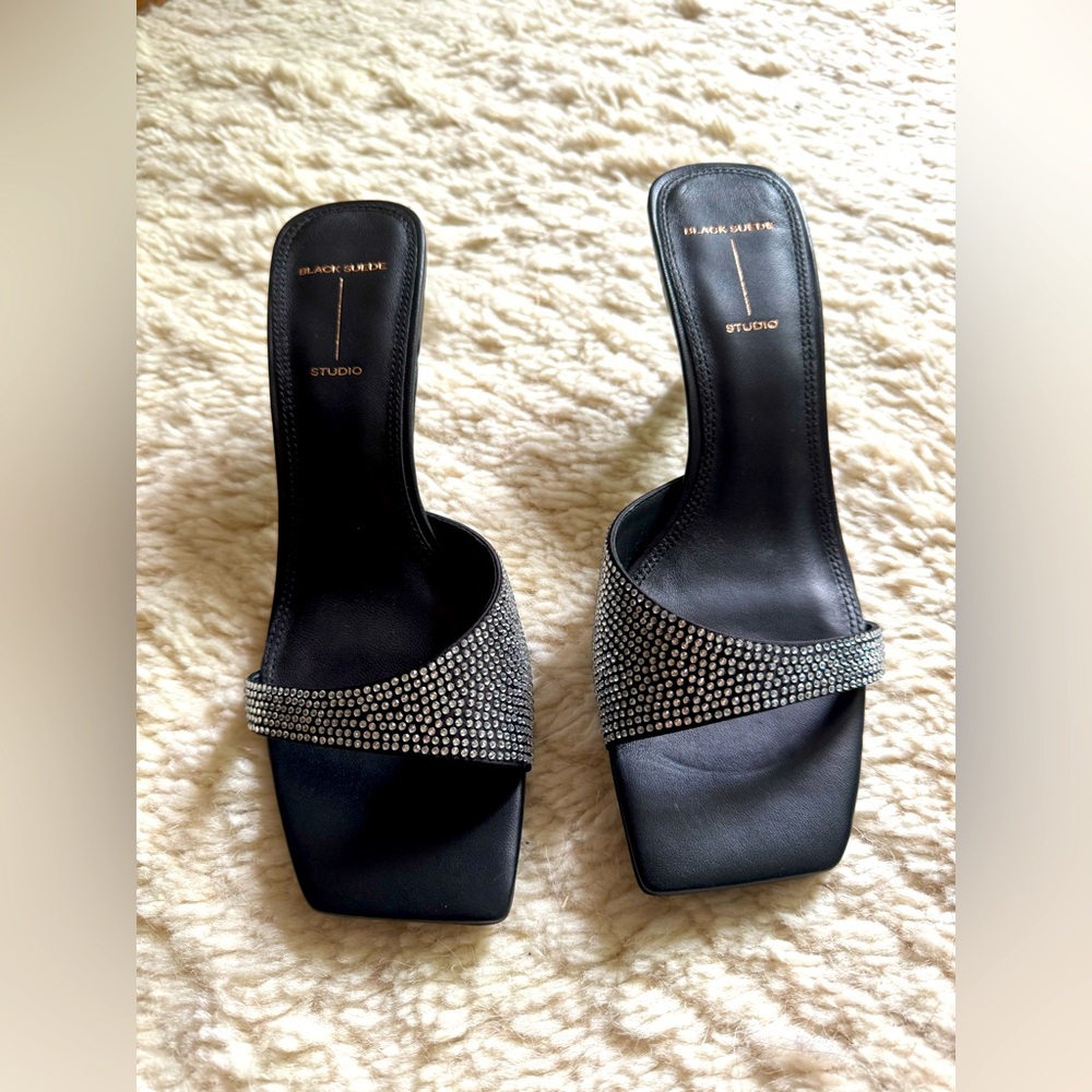 Black Suede Studio Crystal Mules
